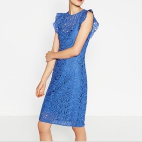Zara Sz Small  Blue Lace Appliqué Dress - Picture 5 of 5